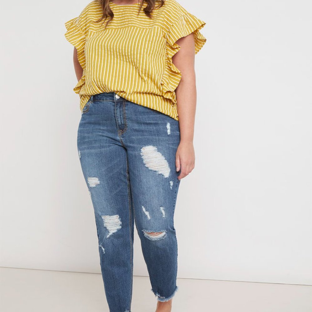Eloquii Womens Bow Back Yellow White Stripe Short Sleeve Blouse Top Size 20 Plus